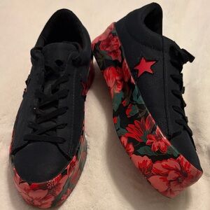 Black Canvas Women's Platform Sneakers with Red Floral Platform